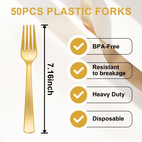 YOUBET 50PCS Gold Plastic Forks - Heavy Duty Plastic Forks - Solid Durable Gold Disposable Silverware for Party Picnic Wedding and Daily Use & Thanksgiving