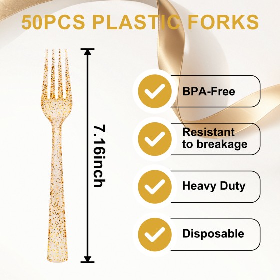 YOUBET 50PCS Gold Glitter Plastic Forks - Heavy Duty Plastic Forks - Solid Durable Gold Glitter Disposable Silverware for Party Picnic Wedding and Daily Use