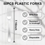 YOUBET 50PCS Silver Plastic Forks - Heavy Duty Plastic Forks - Solid Durable Silver Disposable Silverware for Party Picnic Wedding and Daily Use
