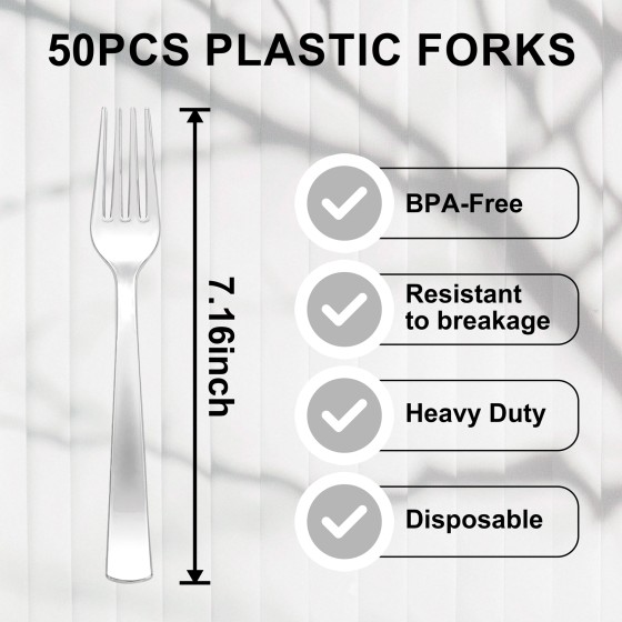 YOUBET 50PCS Silver Plastic Forks - Heavy Duty Plastic Forks - Solid Durable Silver Disposable Silverware for Party Picnic Wedding and Daily Use
