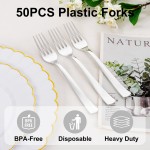 YOUBET 50PCS Silver Plastic Forks - Heavy Duty Plastic Forks - Solid Durable Silver Disposable Silverware for Party Picnic Wedding and Daily Use