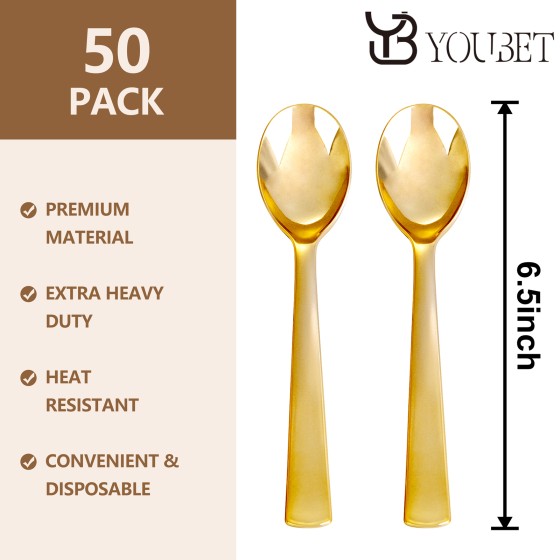 YOUBET 50Pcs Gold Plastic Spoons - Heavy Duty Plastic Spoons - Heavyweight Gold Disposable Silverware for Party & Dinners & Wedding & Thanksgiving