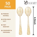 YOUBET 50Pcs Gold Glitter Plastic Spoons - Heavy Duty Plastic Spoons - Heavyweight Gold Glitter Disposable Silverware for Party & Dinners & Wedding