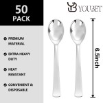 YOUBET 50Pcs Silver Plastic Spoons - Heavy Duty Plastic Spoons - Heavyweight Silver Disposable Silverware for Party & Dinners & Wedding