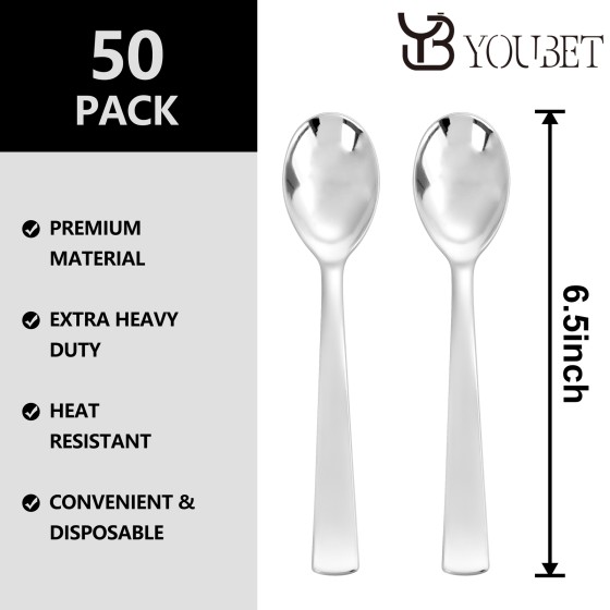 YOUBET 50Pcs Silver Plastic Spoons - Heavy Duty Plastic Spoons - Heavyweight Silver Disposable Silverware for Party & Dinners & Wedding