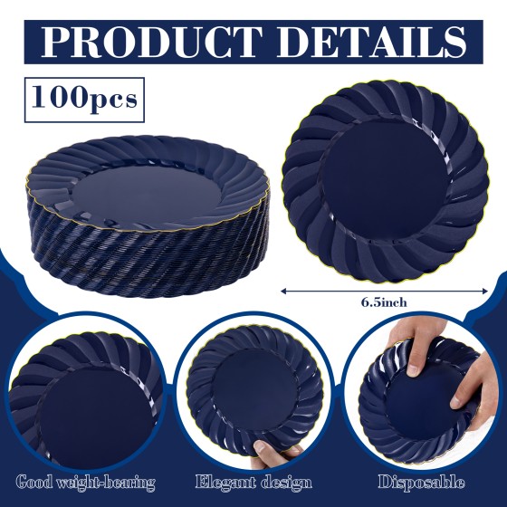 YOUBET 100 Pack Blue Scalloped Plastic Plates - 6.5 Inch Navy Blue Disposable Plates - High End Elegant Vintage Dessert Plate for Party & Weeding & Birthday