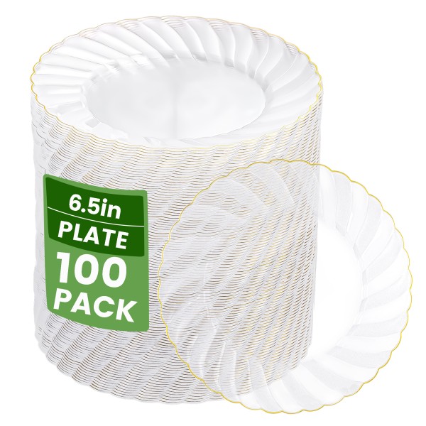 YOUBET 100 Pack Clear Gold Plastic Plates - 6.5 Inch Clear Disposable Plates with Gold Rim - High End Elegant Vintage Dessert Salad Plate for Birthday Parties & Wedding & Thanksgiving