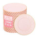 YOUBET 100 Pack Pink Scalloped Plastic Plates - 6.5 Inch Pink Disposable Plates - High End Elegant Vintage Dessert Plate for Party & Weeding & Birthday