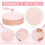 YOUBET 100 Pack Pink Scalloped Plastic Plates - 6.5 Inch Pink Disposable Plates - High End Elegant Vintage Dessert Plate for Party & Weeding & Birthday