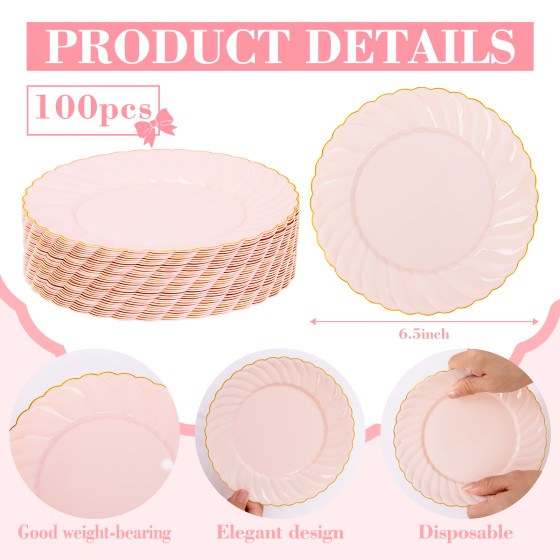YOUBET 100 Pack Pink Scalloped Plastic Plates - 6.5 Inch Pink Disposable Plates - High End Elegant Vintage Dessert Plate for Party & Weeding & Birthday