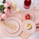 YOUBET 100 Pack Pink Scalloped Plastic Plates - 6.5 Inch Pink Disposable Plates - High End Elegant Vintage Dessert Plate for Party & Weeding & Birthday