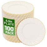 YOUBET 100 Pack Ivory Scalloped Plastic Plates - 6.5 Inch Gold Disposable Plates with Gold Rim - High End Elegant Vintage Dessert Salad Plate for Birthday Parties & Wedding Thanksgiving