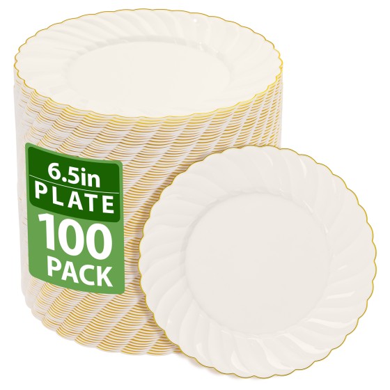 YOUBET 100 Pack Ivory Scalloped Plastic Plates - 6.5 Inch Gold Disposable Plates with Gold Rim - High End Elegant Vintage Dessert Salad Plate for Birthday Parties & Wedding Thanksgiving