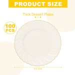 YOUBET 100 Pack Ivory Scalloped Plastic Plates - 6.5 Inch Gold Disposable Plates with Gold Rim - High End Elegant Vintage Dessert Salad Plate for Birthday Parties & Wedding Thanksgiving
