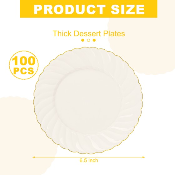 YOUBET 100 Pack Ivory Scalloped Plastic Plates - 6.5 Inch Gold Disposable Plates with Gold Rim - High End Elegant Vintage Dessert Salad Plate for Birthday Parties & Wedding Thanksgiving