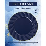 YOUBET 50 Pack Blue Scalloped Plastic Plates - 10.25 Inch Navy Blue Disposable Plates with Gold Rim - High End Elegant Vintage Dinner Plate for Birthday Parties & Wedding