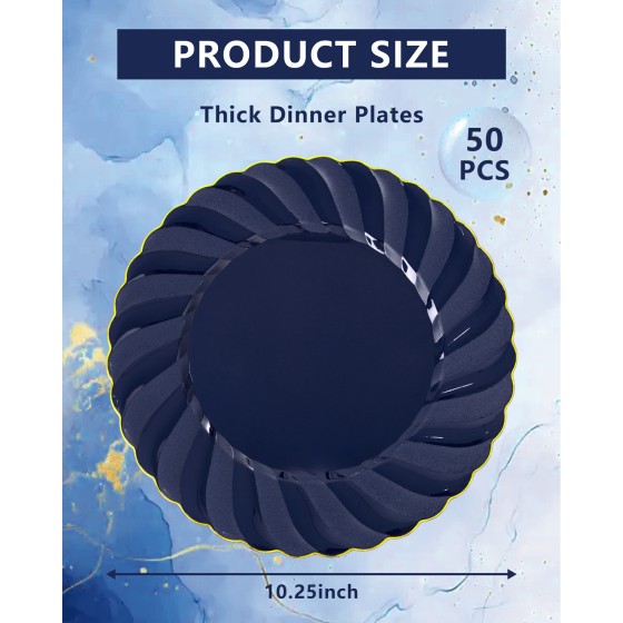 YOUBET 50 Pack Blue Scalloped Plastic Plates - 10.25 Inch Navy Blue Disposable Plates with Gold Rim - High End Elegant Vintage Dinner Plate for Birthday Parties & Wedding