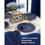 YOUBET 50 Pack Blue Scalloped Plastic Plates - 10.25 Inch Navy Blue Disposable Plates with Gold Rim - High End Elegant Vintage Dinner Plate for Birthday Parties & Wedding