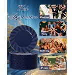 YOUBET 50 Pack Blue Scalloped Plastic Plates - 10.25 Inch Navy Blue Disposable Plates with Gold Rim - High End Elegant Vintage Dinner Plate for Birthday Parties & Wedding
