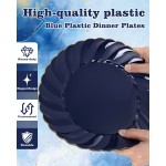 YOUBET 50 Pack Blue Scalloped Plastic Plates - 10.25 Inch Navy Blue Disposable Plates with Gold Rim - High End Elegant Vintage Dinner Plate for Birthday Parties & Wedding