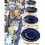 YOUBET 50 Pack Blue Scalloped Plastic Plates - 10.25 Inch Navy Blue Disposable Plates with Gold Rim - High End Elegant Vintage Dinner Plate for Birthday Parties & Wedding