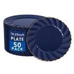 YOUBET 50 Pack Blue Scalloped Plastic Plates - 10.25 Inch Navy Blue Disposable Plates with Gold Rim - High End Elegant Vintage Dinner Plate for Birthday Parties & Wedding