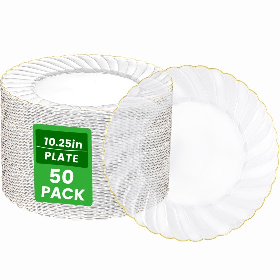 YOUBET 50 Pack Clear Scalloped Plastic Plates - 10.25 Inch Clear Gold Disposable Plates - High End Elegant Vintage Dinner Plate for Party & Weeding & Birthday & Thanksgiving