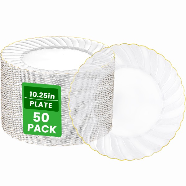 YOUBET 50 Pack Clear Scalloped Plastic Plates - 10.25 Inch Clear Gold Disposable Plates - High End Elegant Vintage Dinner Plate for Party & Weeding & Birthday & Thanksgiving