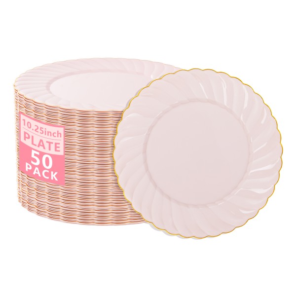 YOUBET 50 Pack Pink Scalloped Plastic Plates - 10.25 Inch Pink Disposable Plates - High End Elegant Vintage Dinner Plate for Party & Weeding & Birthday