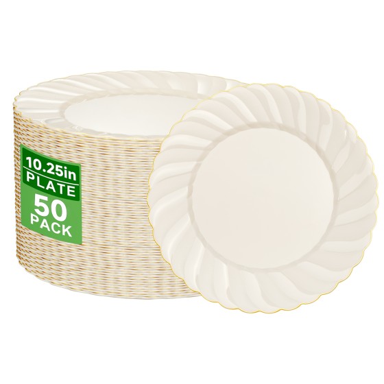 YOUBET 50 Pack Ivory Scalloped Plastic Plates 10.25 Inch Ivory Disposable Plates with Gold Rim - High End Elegant Vintage Dinner Plate for Birthday Parties & Wedding Thanksgiving