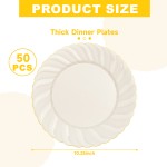 YOUBET 50 Pack Ivory Scalloped Plastic Plates 10.25 Inch Ivory Disposable Plates with Gold Rim - High End Elegant Vintage Dinner Plate for Birthday Parties & Wedding Thanksgiving