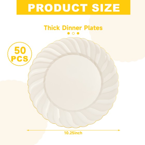 YOUBET 50 Pack Ivory Scalloped Plastic Plates 10.25 Inch Ivory Disposable Plates with Gold Rim - High End Elegant Vintage Dinner Plate for Birthday Parties & Wedding Thanksgiving