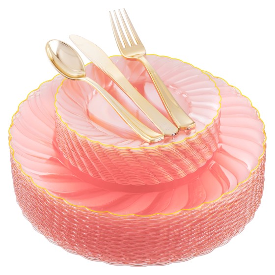 YOUBET 125Pieces Clear Pink Plastic Plates with Gold Rim - Gold Plastic Silverware Include 25 Dinner Plates 25 Dessert Plates 75 Golden Silverwares for Wedding Birthday & Parties