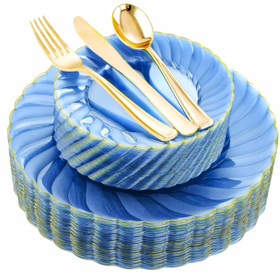 YOUBET 125PCS Clear Blue Gold Plastic Plates - Blue Disposable Plates With Gold Rim Include 25 Dinner Plates 25 Dessert Plates 75 Golden Silverwares for Wedding Birthday & Parties