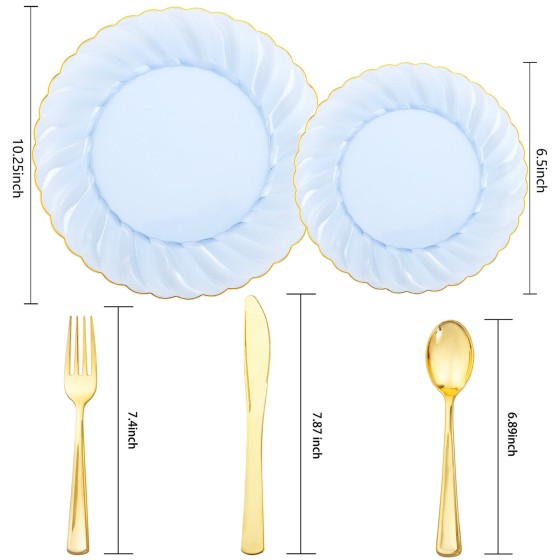 YOUBET 125PCS Clear Blue Gold Plastic Plates - Blue Disposable Plates With Gold Rim Include 25 Dinner Plates 25 Dessert Plates 75 Golden Silverwares for Wedding Birthday & Parties