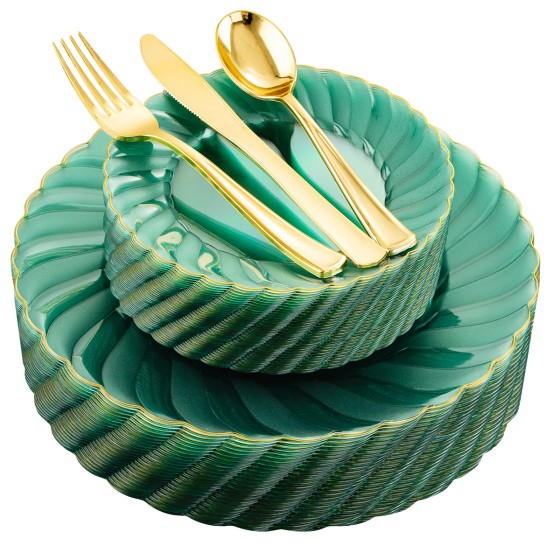 YOUBET 125PCS Clear Green Plastic Plates with Gold Rim - Green and Gold Plastic Plates Include 25 Dinner Plate 25 Dessert Plate 75 Disposable Silverwares for Wedding & Party & Christmas