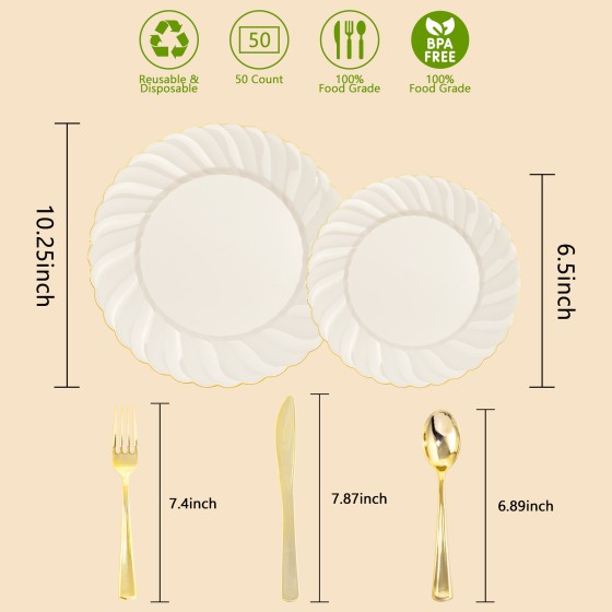 YOUBET 125PCS Scalloped Plastic Plates - Ivory Scalloped Disposable Plates - Gold Plastic Dinnerware Set Include 50 Plates, 75 Gold Silverware for Party & Wedding & Thanksgiving