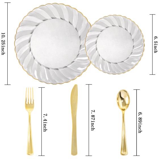 YOUBET 125PCS Clear Black Plastic Plates - Black and Gold Disposable Plates Include 50 Plate, 75 Silverware for Wedding & Party & Birthday & Halloween