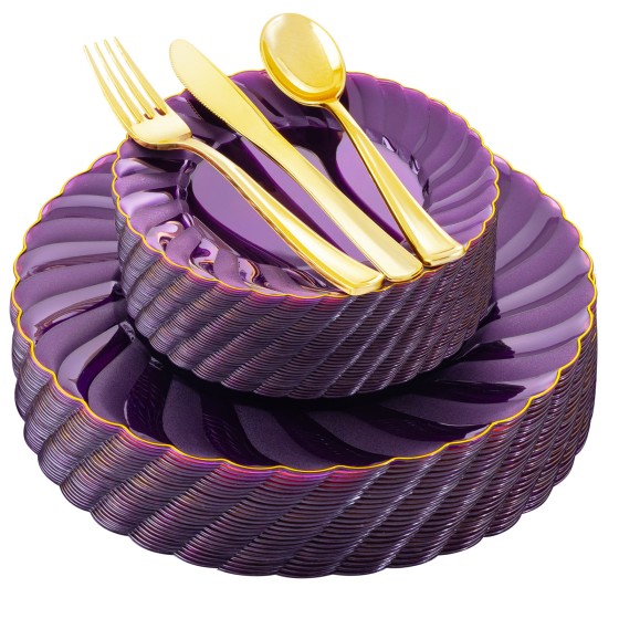 YOUBET 125PCS Purple Plastic Dinnerware Set - Gold and Clear Purple Disposable Plates Include 50 Plastic Plates 75 Silverwares for Wedding Birthday Parties