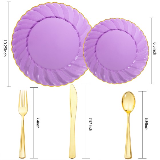 YOUBET 125PCS Purple Plastic Dinnerware Set - Gold and Clear Purple Disposable Plates Include 50 Plastic Plates 75 Silverwares for Wedding Birthday Parties