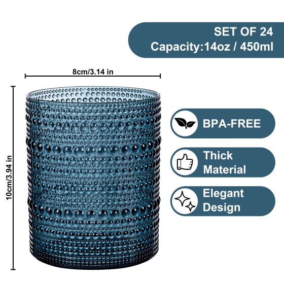 YOUBET 24PCS Plastic Hobnail Drinking Glasses - 14 Oz Blue Vintage Glasses Drinkware - Disposable Beaded Cups for Juice, Wine, Party