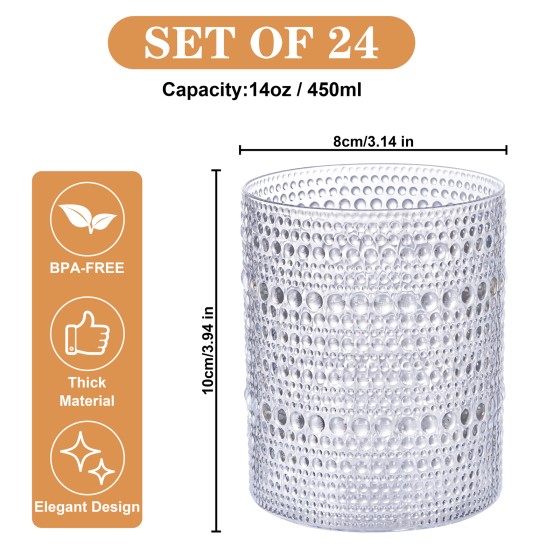 YOUBET 24PCS Plastic Hobnail Drinking Glasses - 14 Oz Clear Vintage Glasses Drinkware - Disposable Beaded Cups for Juice, Wine, Party