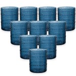 YOUBET 24PCS Plastic Drinking Glasses - 14OZ Blue Hobnail Drinkware Glasses - Vintage Glassware Textured Beaded Cups for Water, Beer, Whiskey, Juice and Various Mixed Drinks
