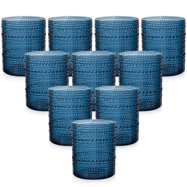 YOUBET 24PCS Plastic Drinking Glasses - 14OZ Blue Hobnail Drinkware Glasses - Vintage Glassware Textured Beaded Cups for Water, Beer, Whiskey, Juice and Various Mixed Drinks