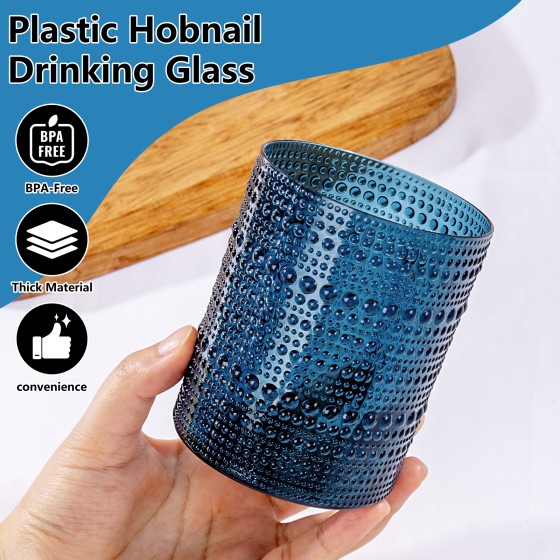 YOUBET 24PCS Plastic Drinking Glasses - 14OZ Blue Hobnail Drinkware Glasses - Vintage Glassware Textured Beaded Cups for Water, Beer, Whiskey, Juice and Various Mixed Drinks
