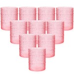 YOUBET 24PCS Plastic Drinking Glasses - 14OZ Pink Hobnail Drinkware Glasses - Vintage Glassware Textured Beaded Cups for Water, Beer, Whiskey, Juice and Various Mixed Drinks