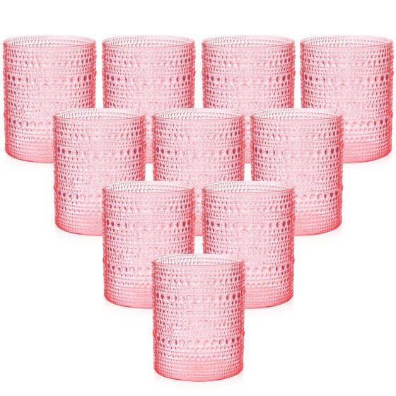 YOUBET 24PCS Plastic Drinking Glasses - 14OZ Pink Hobnail Drinkware Glasses - Vintage Glassware Textured Beaded Cups for Water, Beer, Whiskey, Juice and Various Mixed Drinks