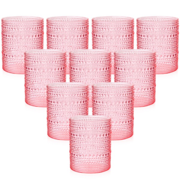 YOUBET 24PCS Plastic Drinking Glasses - 14OZ Pink Hobnail Drinkware Glasses - Vintage Glassware Textured Beaded Cups for Water, Beer, Whiskey, Juice and Various Mixed Drinks
