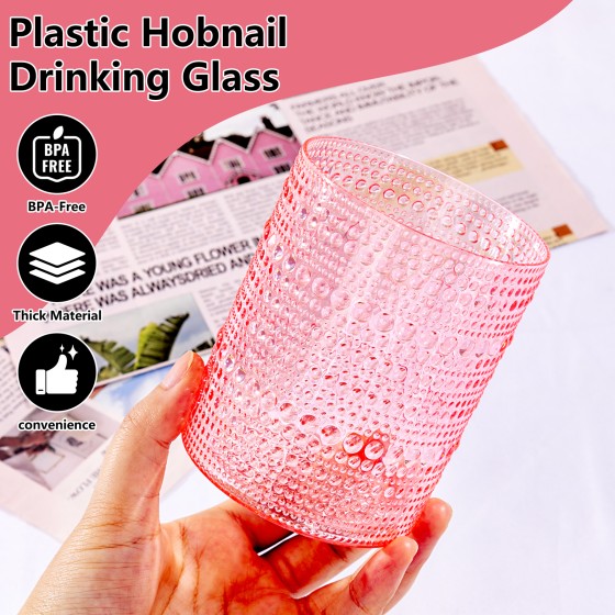 YOUBET 24PCS Plastic Drinking Glasses - 14OZ Pink Hobnail Drinkware Glasses - Vintage Glassware Textured Beaded Cups for Water, Beer, Whiskey, Juice and Various Mixed Drinks
