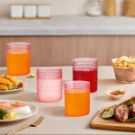 YOUBET 24PCS Plastic Drinking Glasses - 14OZ Pink Hobnail Drinkware Glasses - Vintage Glassware Textured Beaded Cups for Water, Beer, Whiskey, Juice and Various Mixed Drinks